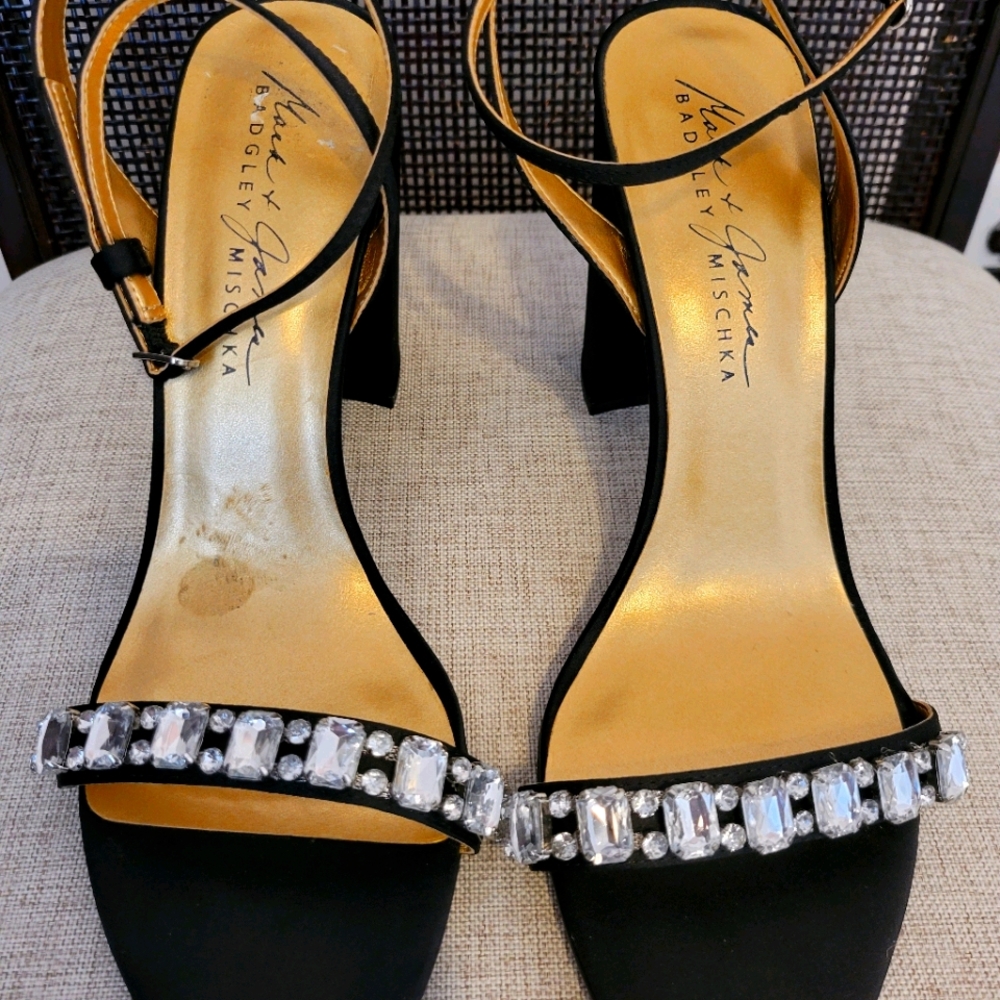 Black Satin Ankle Strap Block Heel Sandals